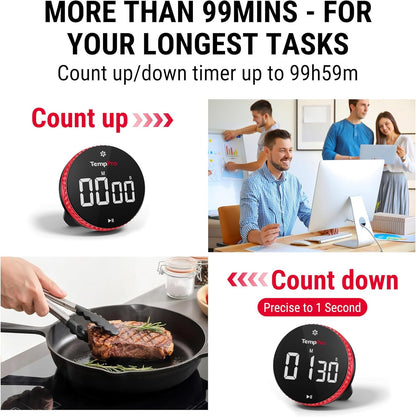TempPro Digital Kitchen Timer - 99-Hour Countdown with Magnetic Stand & Large LED Display | 3 Volume Levels