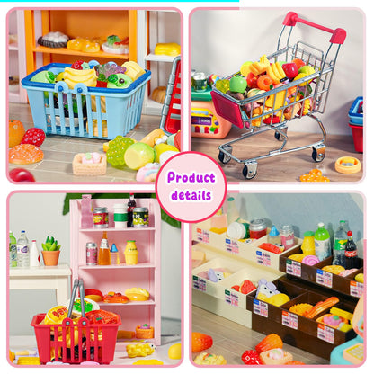183Mini Food Toys Dollhouse Fruit Vegetable Bread Rack Display Shelf Grocery Store Shopping Cart Basket Miniature Drink Supermarket Metal Handcart Kitchen Play Game Party Cash Register