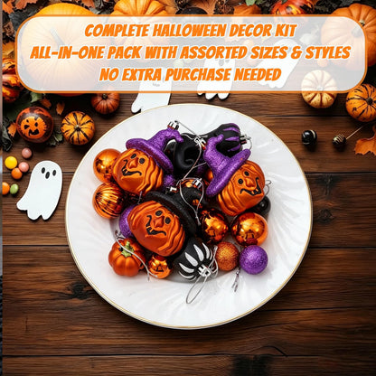 56pcs Halloween Hanging Ornaments for Tree Decorations, Shatterproof Plastic Hanging Halloween Ball Pendants with Pumpkin, Witches Hat Signs, Halloween Tree Decor Party, Holiday, Home (Multi New)