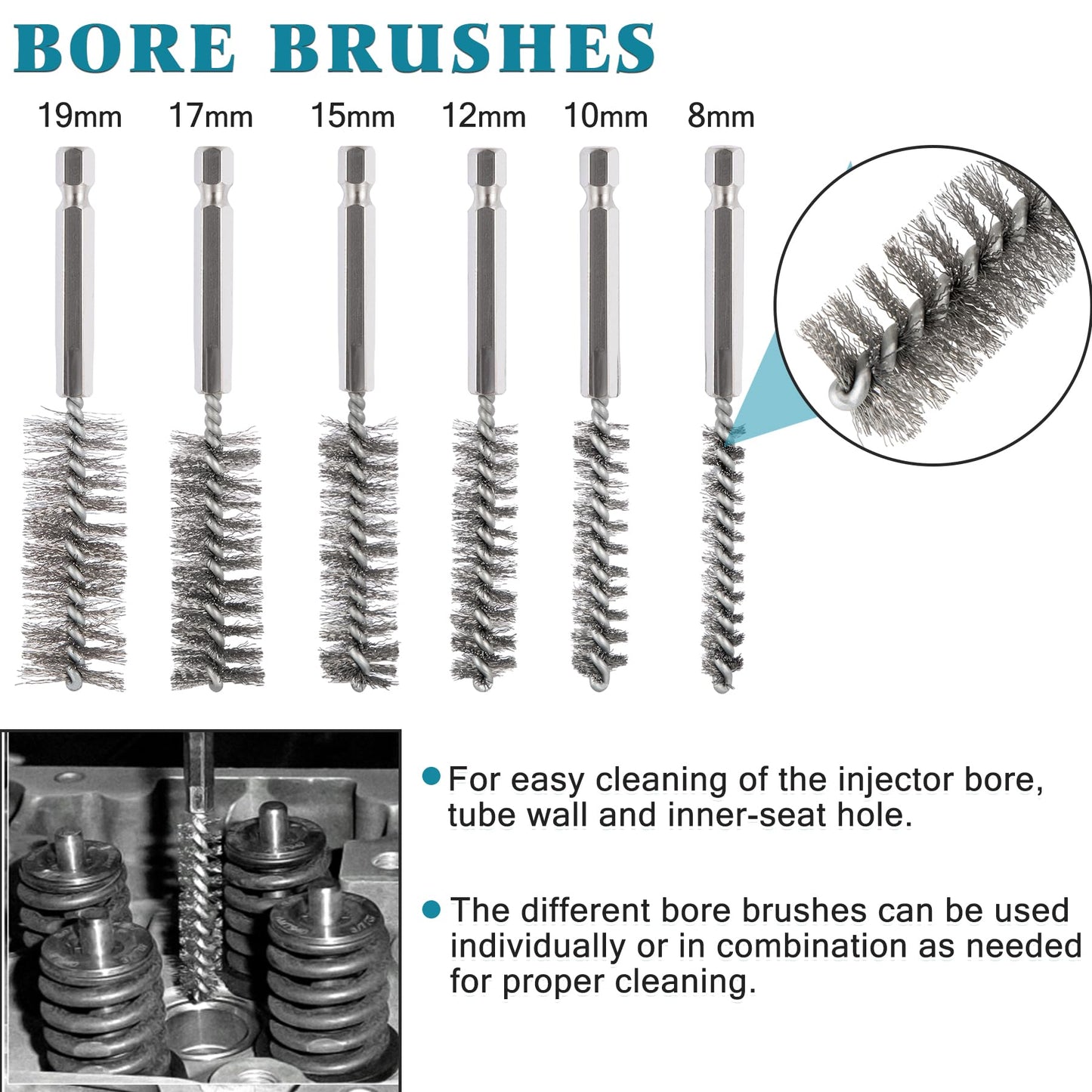 BELIFLY Professional Diesel Injector Seat Brush Cleaning Kit 8090S on Cylinder Heads Stainless Steel