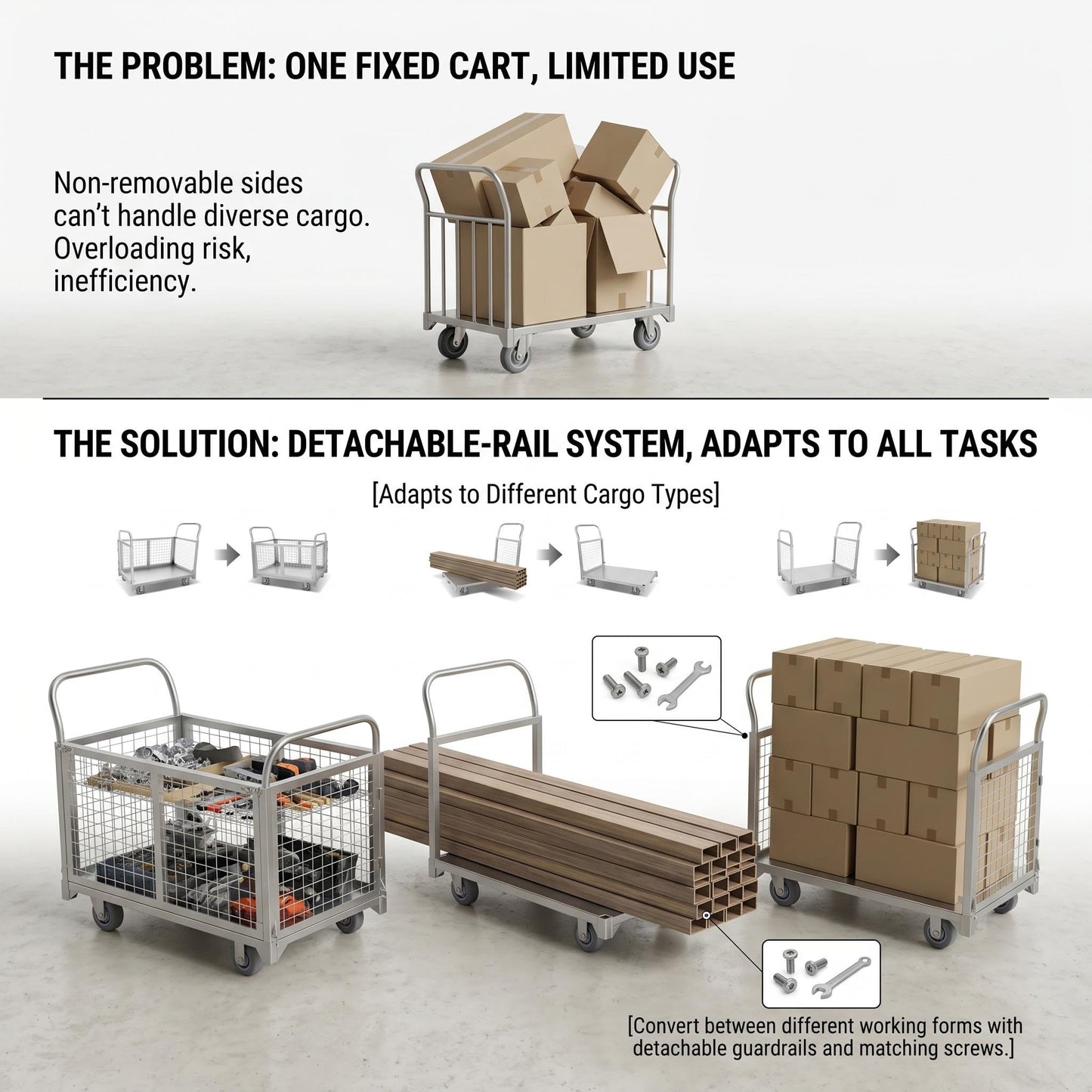 4-in-1 Rolling carts with cage, Multi-Purpose Heavy-Duty Duty cart, 2200-pound Capacity, Folding cart with 5-inch Wheels, for Groceries, Garage, Warehouse (39.4 inches Long x 23.6 inches Wide)