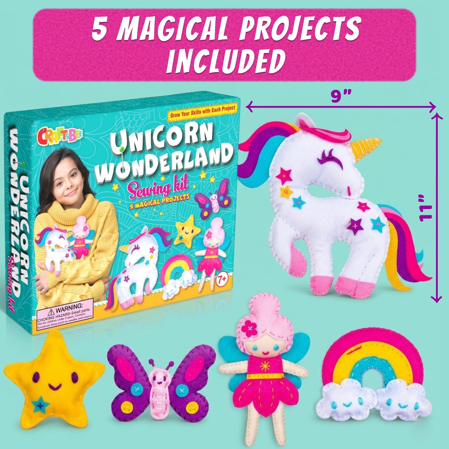 CRAFTSBEE Unicorn Sewing Kit for Kids Ages 7-12 — 5 Large Felt Stuffed Animals, 3 Skill Levels — Beginner Arts and Crafts, Birthday Gift for Girls