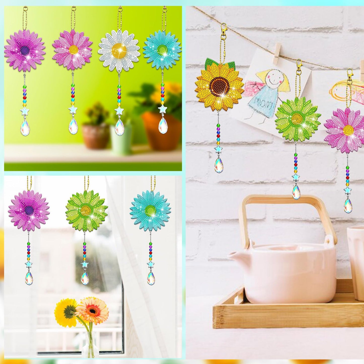 JeCuiK 6 Pcs Daisy Diamonds Painting Wind Chimes Suncatcher Double Sided Flower Rhinestone Painting Wind Chime 5D DIY Crystal Diamond Painting Kits Paint by Number Hanging Ornaments Mom Gifts