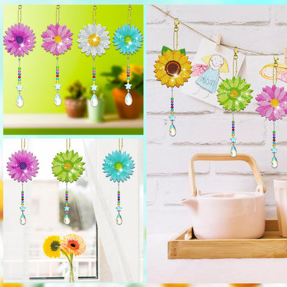 JeCuiK 6 Pcs Daisy Diamonds Painting Wind Chimes Suncatcher Double Sided Flower Rhinestone Painting Wind Chime 5D DIY Crystal Diamond Painting Kits Paint by Number Hanging Ornaments Mom Gifts
