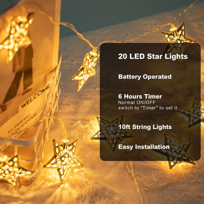 Vigdur 10Ft Star String Lights - 20 LED Battery Operated Fairy Lights with Timer | Perfect for Ramadan & Eid Decor