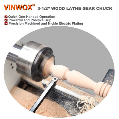 VINWOX 3-1/2INCH Self-Centering Wood Lathe Key Chuck Set, Round Jaw Mounted, with Step Jaw, Pin Jaw & Wide Jaw, 1"x8TPI Thread & 3/4"x16TPI Adapter, SCK4-3.5NV-SET, Nickle Coating NOVA Chuck Body