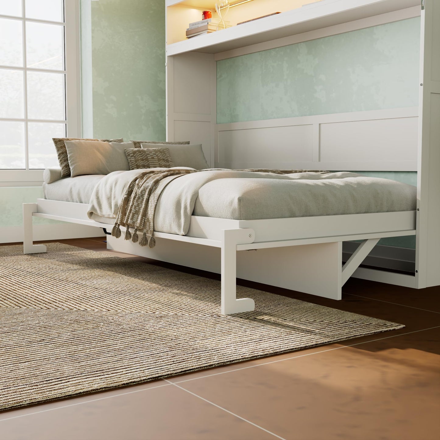 DNYN Murphy Bed Frame with Top Cabinet and LED for Bedroom/Guest/Study Room, Twin Size Wooden Foldable Wall Bed with USB Ports, Space-Saving Design & No Box Spring Needed