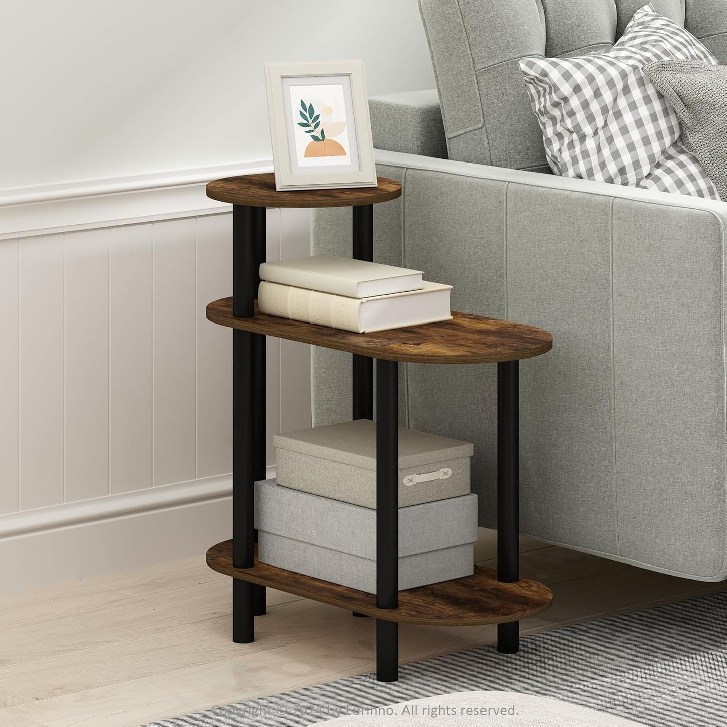 3-Tier Furinno Turn-N-Tube Side Table, Oval Sofa End Table with Open Shelf, Toolless Assembly Night Stand, Bedside