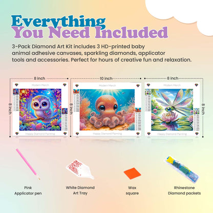 Modern Merch Small Diamond Art Packs Owl Octopus & Dragonfly, Animal Diamond Dots for Adults, Jewel Art Painting Kits, Mini Gem Arts and Crafts for Adults, Round Drill 3 Pack Partial Drill
