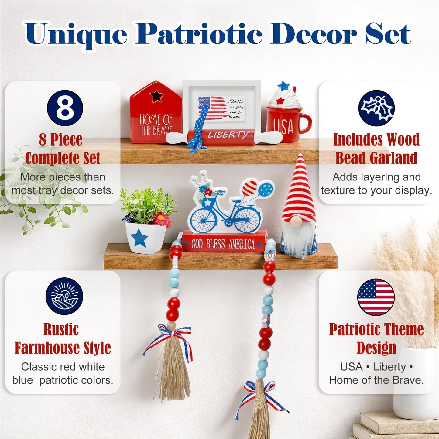 4th of July Decorations Patriotic Tiered Tray Decor Set, 8 PCS Memorial Day Fourth of July Decorations for Home Office Farmhouse Red White and Blue Tabletop Centerpieces Shelf Mantel Tray Decor Signs