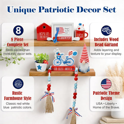 4th of July Decorations Patriotic Tiered Tray Decor Set, 8 PCS Memorial Day Fourth of July Decorations for Home Office Farmhouse Red White and Blue Tabletop Centerpieces Shelf Mantel Tray Decor Signs