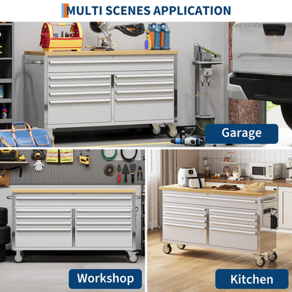 SierraSquad 61 Inch Rolling Tool Chest, Garage Workbench with 9 Drawers, Solid Rubber Wood Top, Wheels Lock Key Locking System, Mobile Tool Cabinet Garage, Warehouse and Repair Shop