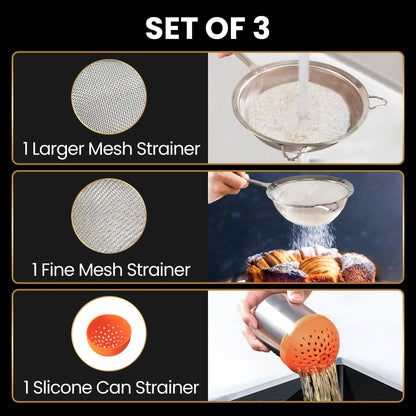 Stainless Steel Fine Mesh Strainer Set, Colander Set with 1 Large Flour Sifter (Sturdy Handle), 1 Small Mesh Sieve for Pasta & Rice, 1 Silicone Can Strainer – Durable, Dishwasher Safe, 5-Year Warranty