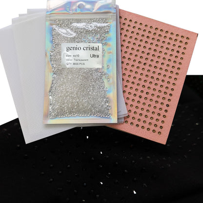 Genio Cristal SS10 Transparent Ultra Hotfix Rhinestones with Blank Rhinestone Sheet & Transfer Tape – 3600pcs – Machine Washable DIY Heat Press Kit