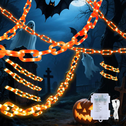 Lights,10.5 175LED Halloween Chain String FT Plastic Chain Orange Light Battery Operated with Memory Timer,Waterproof
