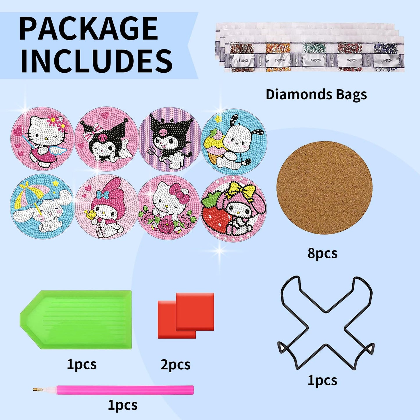 PERFECTSIGHT 8 Pcs DIY Diamond Art Painting Coasters with Holder, Cute Diamond Paint Coaster Kits for Adults, Kawaii Full Drill Diamond Art Craft Supplies, Paint by Number Non Slip Coaster, Sanlio