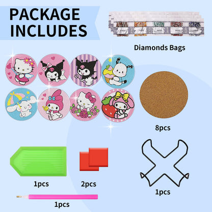 PERFECTSIGHT 8 Pcs DIY Diamond Art Painting Coasters with Holder, Cute Diamond Paint Coaster Kits for Adults, Kawaii Full Drill Diamond Art Craft Supplies, Paint by Number Non Slip Coaster, Sanlio