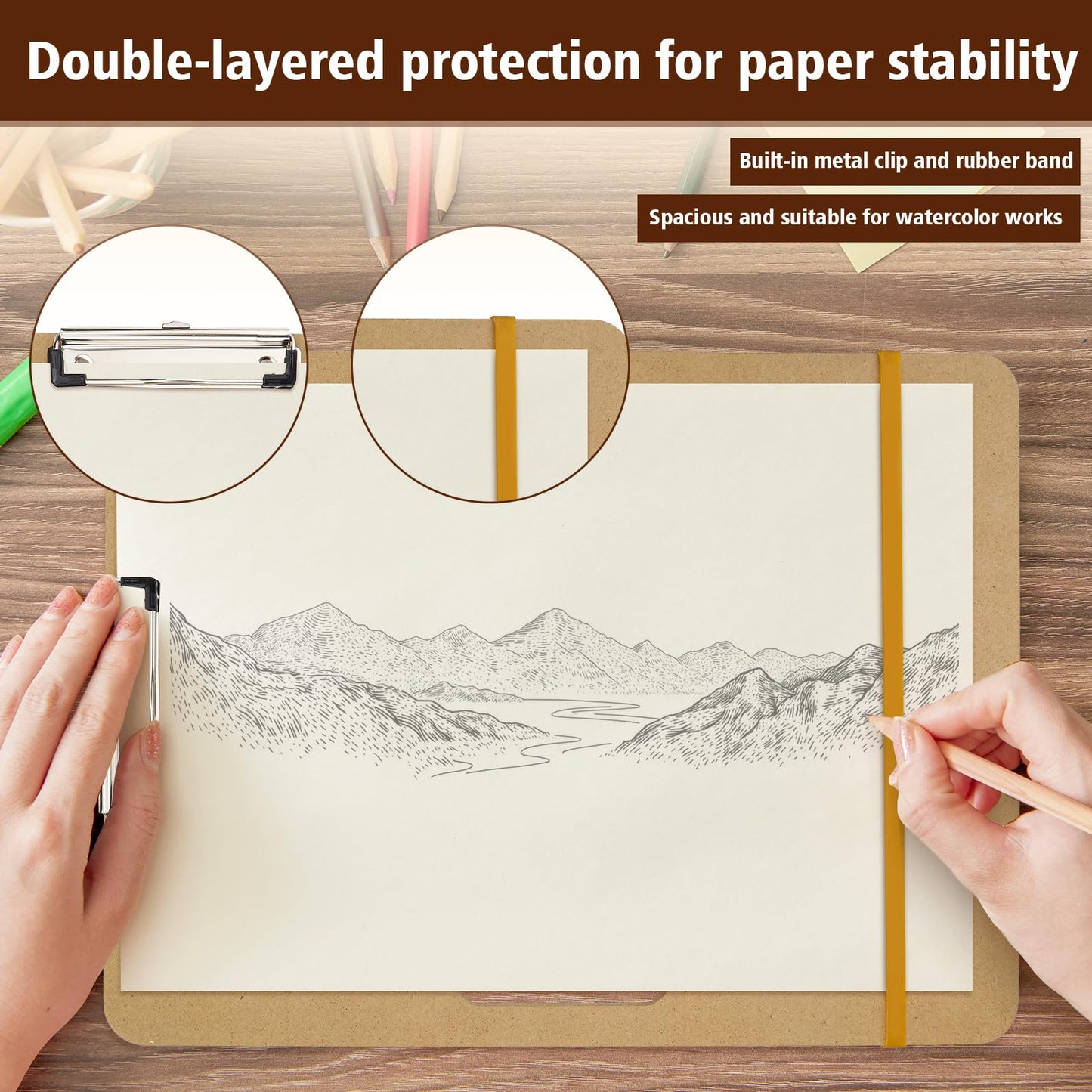 2PCS Wooden Sketching Boards, 13×17in Portable Art Painting Clipboards with Stainless Steel Clips and Elastic Straps, Drawing Supplies for Outdoor Sketching and Studio Use