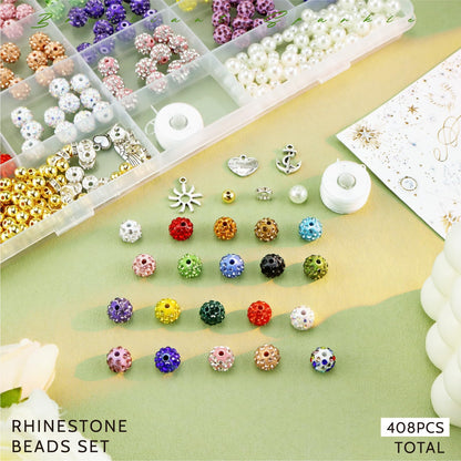 YETOOME 10mm Rhinestone Beads Set, 20 Colors Round Sparkle Crystal Clay Bead Kit with Charms, Sparkly Disco Ball Beads for Bracelets Necklaces Earrings Keychains DIY Crafting, 408 Pieces