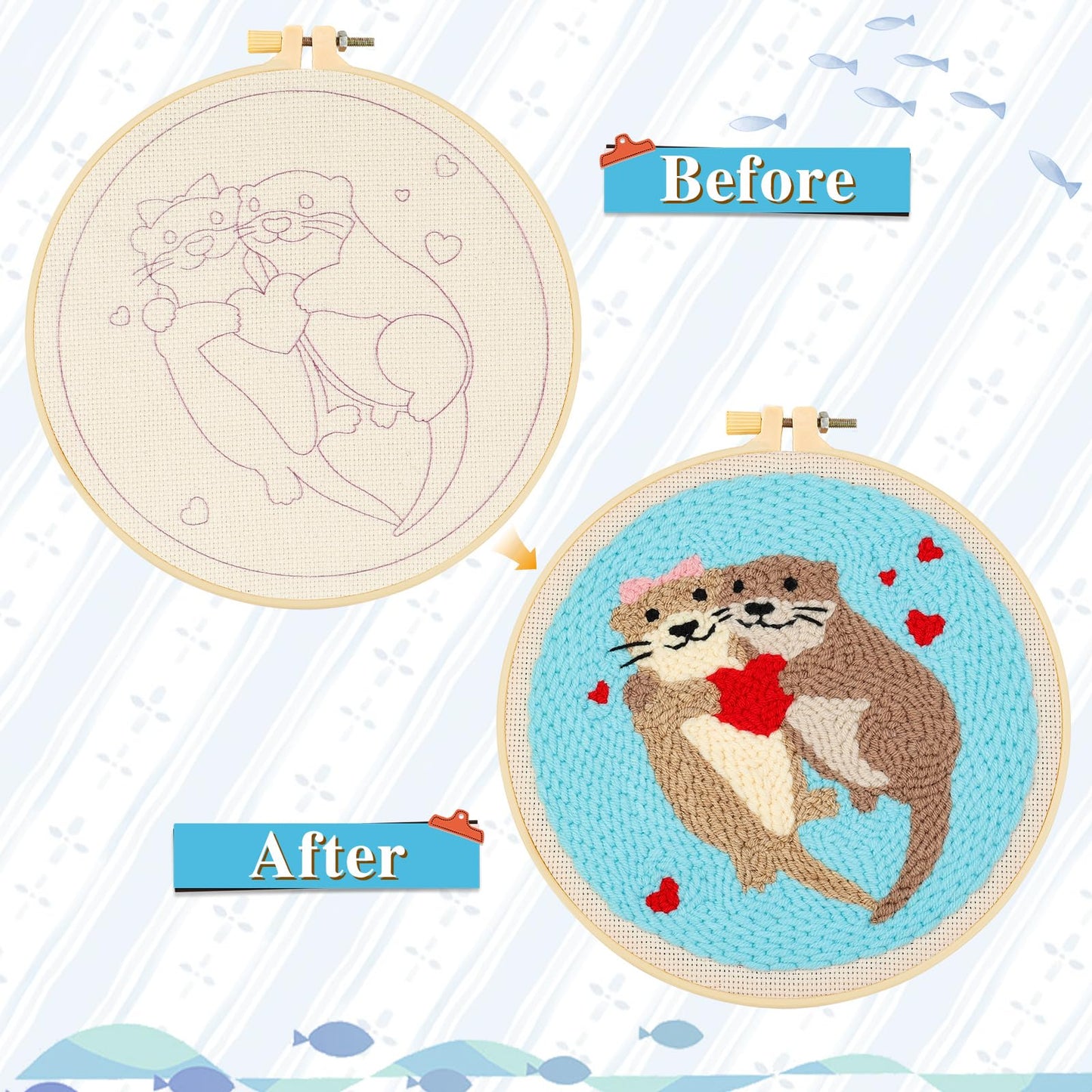 JSRQT Punch Needle Embroidery Starter Kits with Hoops Instructions Beginner Rug Hooking Pinch Craft Handcraft Tools Yarn Cute Pattern for Adults DIY Cross Stitch
