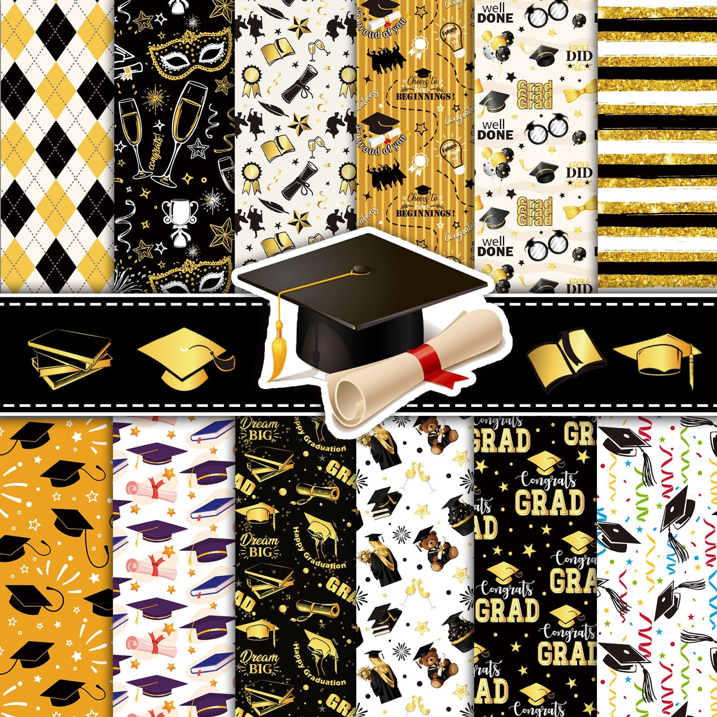 Konsait 24 Sheets Graduation Scrapbook Paper 12x12, Double Sided Grad Patterned Paper Black and Gold Decorative Cardstock Graduation Origami Papers for Card Making Scrapbook Supplies