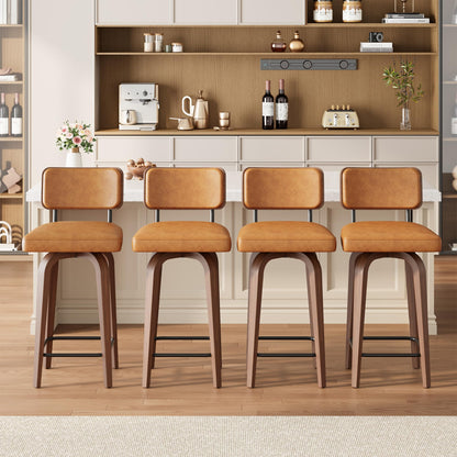 IDEALHOUSE Swivel Bar Stools Set of 4, 26" Upholstered Counter Height Bar Stools with Back and Walnut Wood Legs, Larger Cushion Size 18.3"*17.5", Faux Leather Barstools for Kitchen Counter, Brown