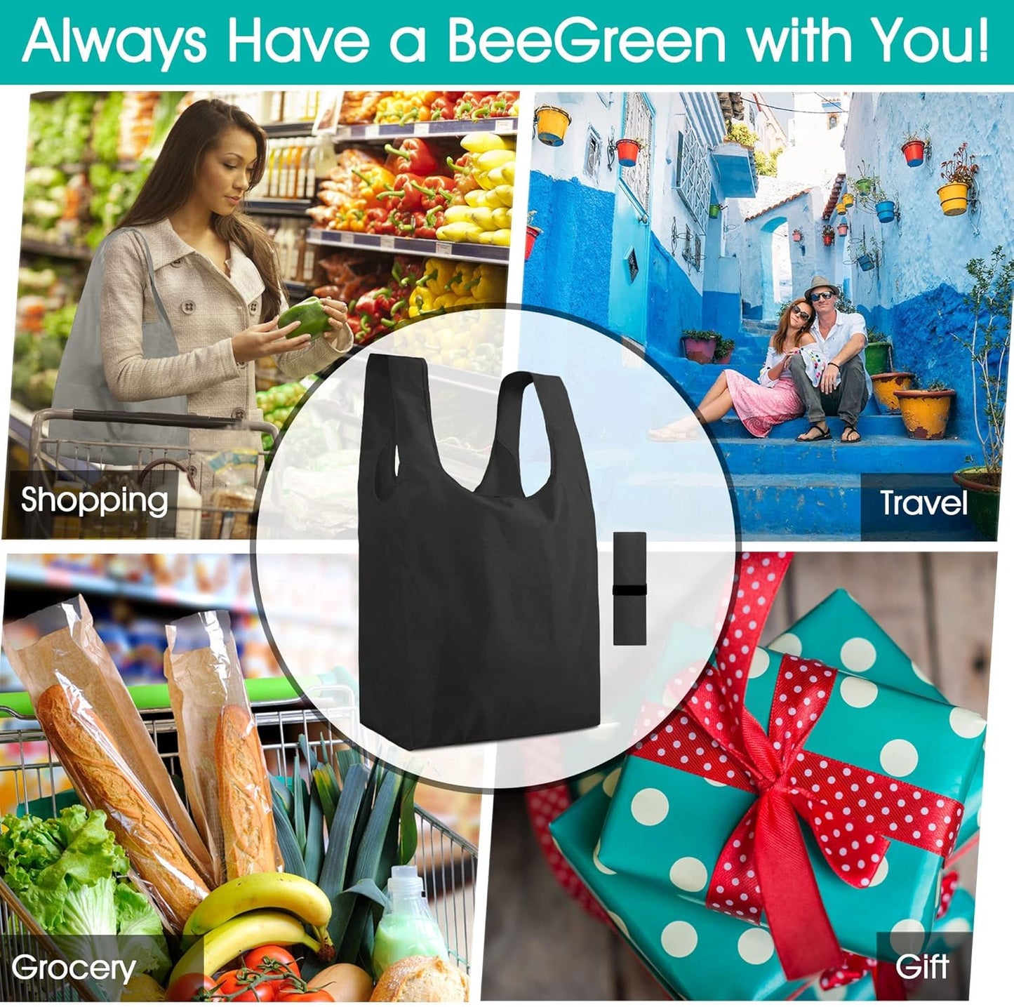BeeGreen 12 Pack Black Reusable Grocery Bags Shopping Bags for Groceries Heavy Duty - Foldable Polyester Grocery Totes