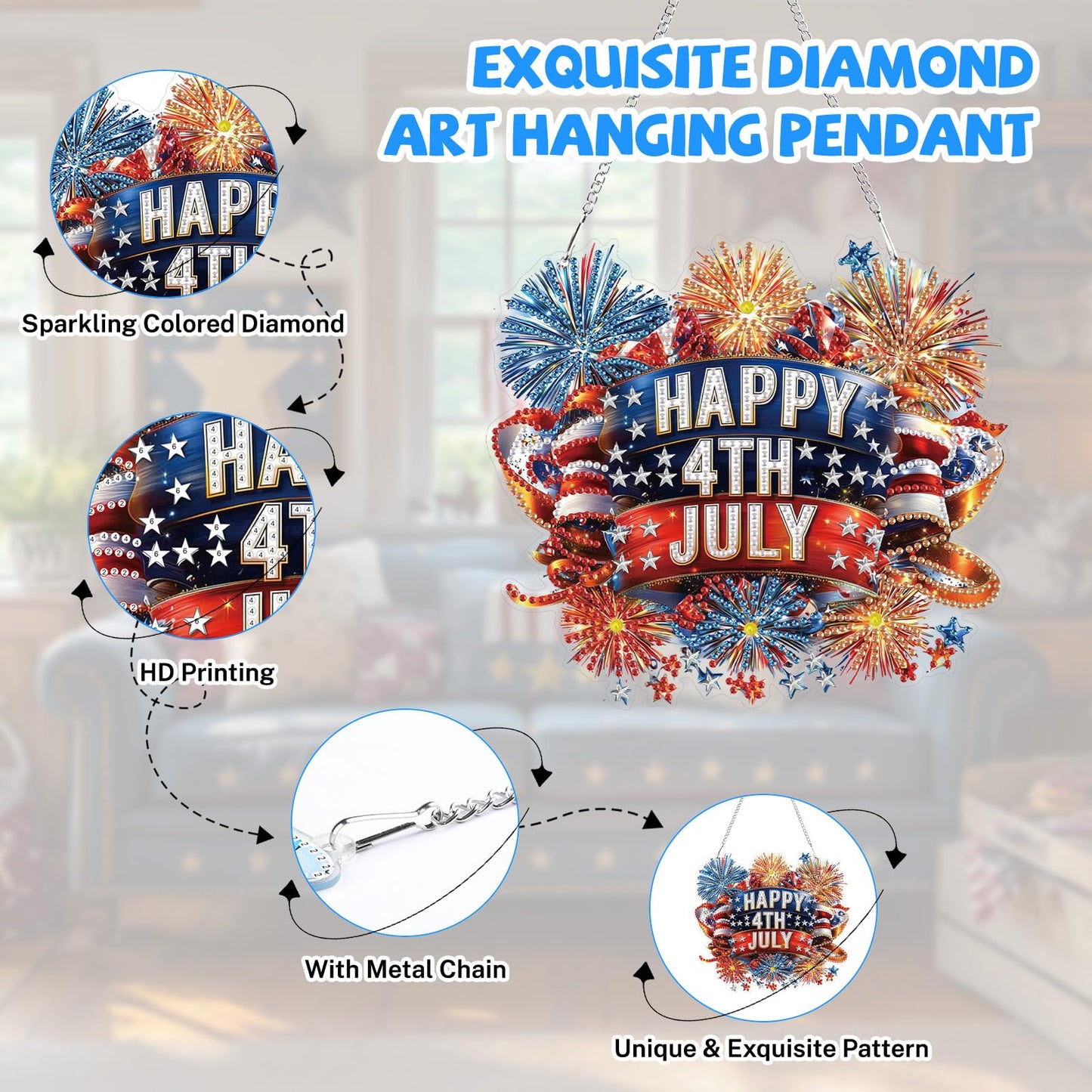 Bowetile 5D Independence Day Diamond Art Hanging Kits for Adults, 4th of July Fireworks Diamond Painting Window Pendant Kits, Special Shape Gem Art Suncatcher Patriotic Ornament for Home Wall Decor
