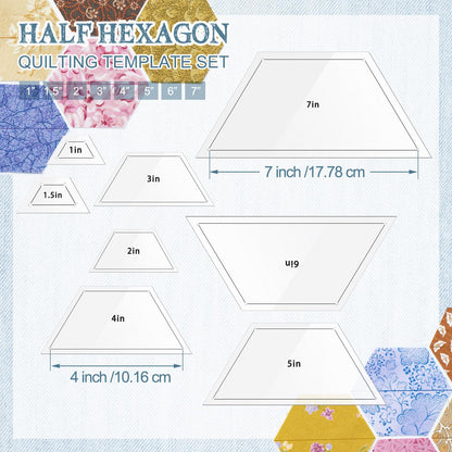 Kigley 8 Pcs Half Hexagon Quilting Templates and Rulers 1/1.5/2/3/4/5/6/7 Inch Acrylic Quilting Ruler with 1/4 Inch Seam Allowance for Cutting Pattern DIY Sewing Craft(Clear)