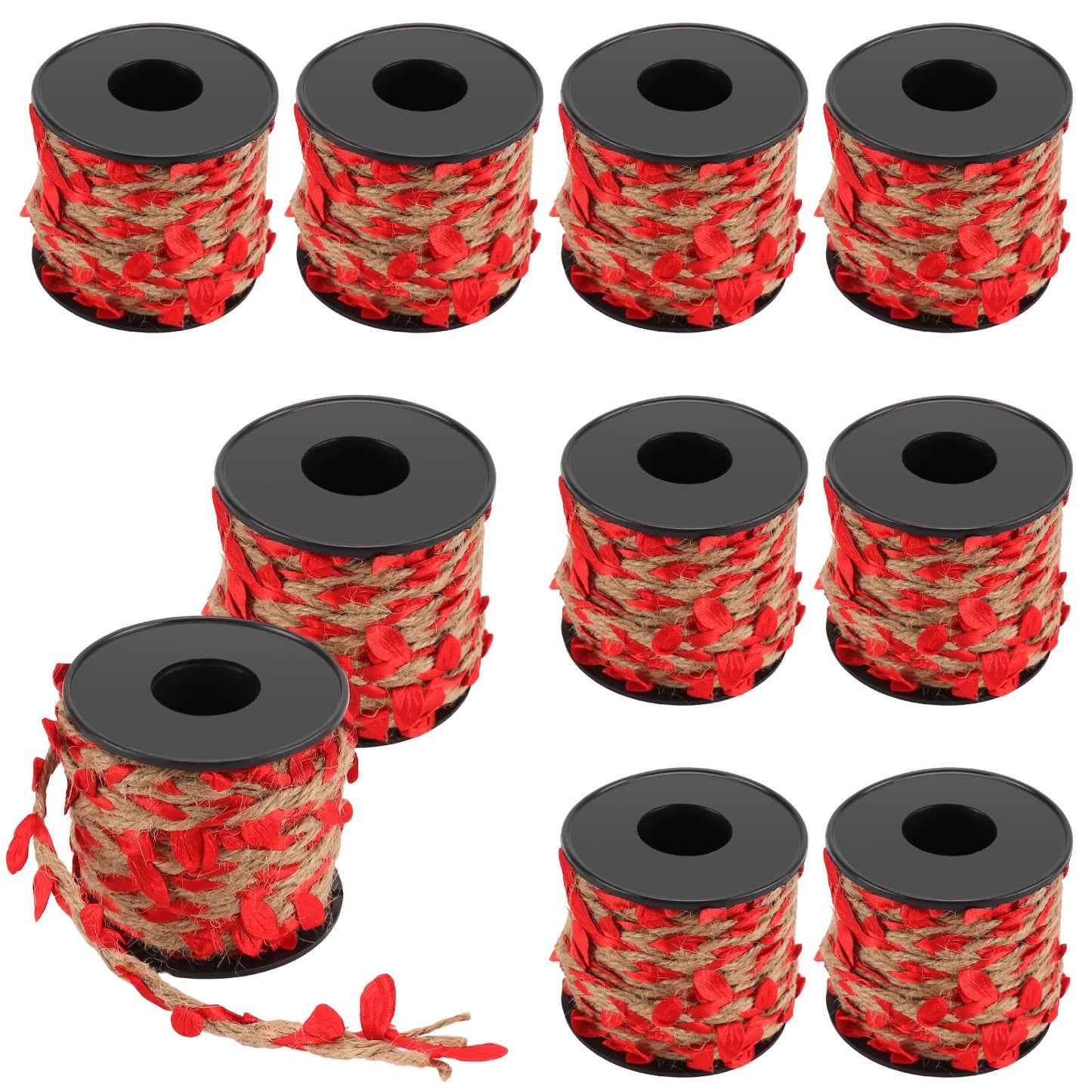 YUENPUN 328 Ft 5MM Burlap Leaf Ribbon, 10 Rolls 33 Ft Natural Jute Twine Rope, Jute Twine with Red Leaves Ply Braided Burlap Ribbon Artificial Leaves Vine Rope for Wedding, Party, Garden Decor