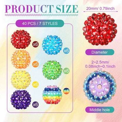 Loetere 40 Pcs 20 mm Rhinestone Beads Bulk Crystal Round Disco Ball Chunky Bubblegum Beads for Pens Bracelets Charms Craft European Style Jewelry Making Supplies Christmas(Rainbow)