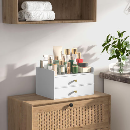 Bamboo Desk Organizer with Drawers Wooden Desktop Storage Organization Box for Bills Office Supplies Kitchen Utensils Organizing Tool for Home Classroom Vanity, No Assembly Required (2 Drawers, White)