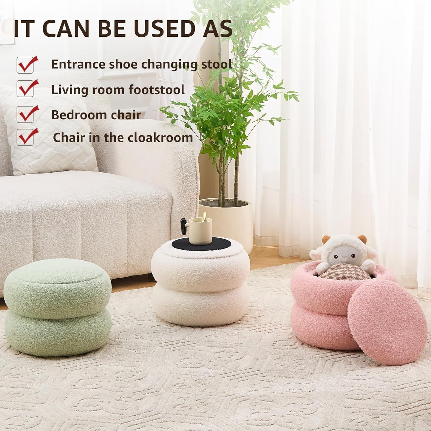 Mxfurhawa Storage Ottoman,Soft Teddy Velvet Upholstered Footrest,Mordern Round Footstool with Macaron Shape,Side Tabble