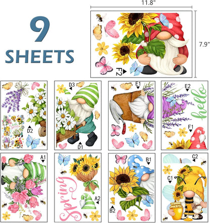 Mfault Hello Spring Gnomes Flowers Window Clings, 9 Sheets Floral Wall Glass Stickers for Home Decor
