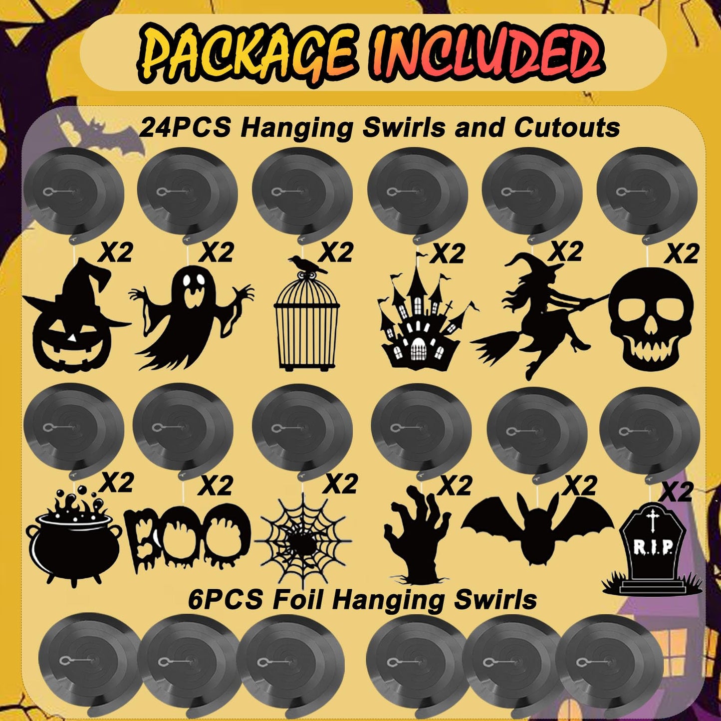 Halloween Hanging Swirls Decorations, LMSHOWOWO 30PCS Foil Hanging Ceiling Swirls Streamers with Black Spooky Ghost Witches Bat for Halloween Home Classroom Office Tree Door Porch Ceiling Decor