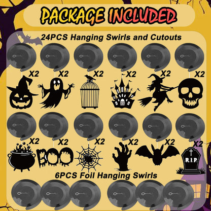 Halloween Hanging Swirls Decorations, LMSHOWOWO 30PCS Foil Hanging Ceiling Swirls Streamers with Black Spooky Ghost Witches Bat for Halloween Home Classroom Office Tree Door Porch Ceiling Decor
