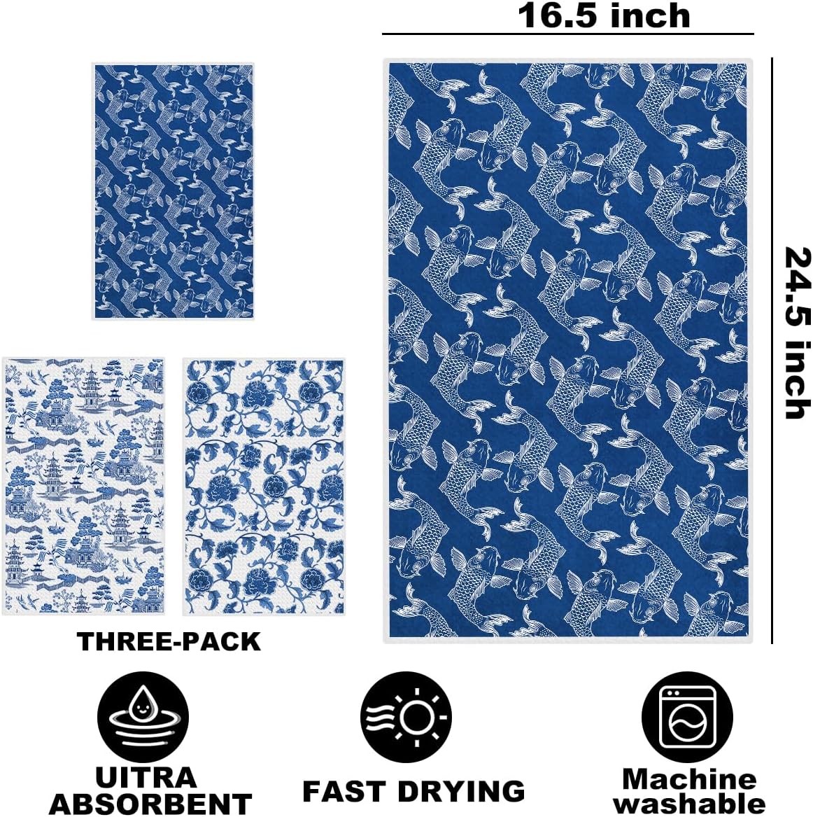 Hanamiya Na 3Pcs Exquisite Traditional Landscape Kitchen Towels, Koi Fish Floral Decorative Absorbent Microfiber Dish