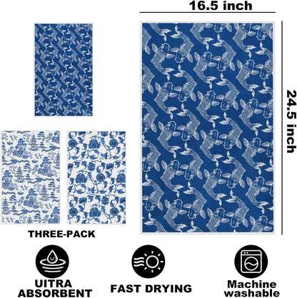 Hanamiya Na 3Pcs Exquisite Traditional Landscape Kitchen Towels, Koi Fish Floral Decorative Absorbent Microfiber Dish