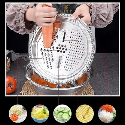 Germany Multifunctional Stainless Steel Basin,Multifunction Stainless Steel Basin with Grater 3 in 1 Vegetable Cutter for Kitchen, Vegetable Slicer Grater Strainer and Drain Basket(10.2)