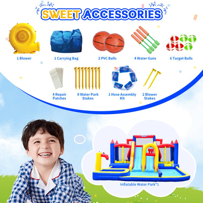 Easyair Large Inflatable Water Slide for Big Kids, Water Bounce House, Outdoor Blow Up Pool, Climbing Wall, Basketball Hoop with Blower