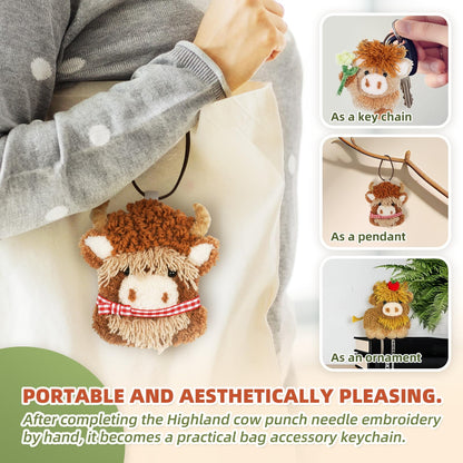 Punch Needle kit-4,Embroidery kit for Beginners,Punch Needle Kits Adults Beginner,Needles, Curved Scissors, a Tool Storage Box, Yarn, Easy-to-Follow Instructions, and Tutorial Videos(4 Highland Cow)