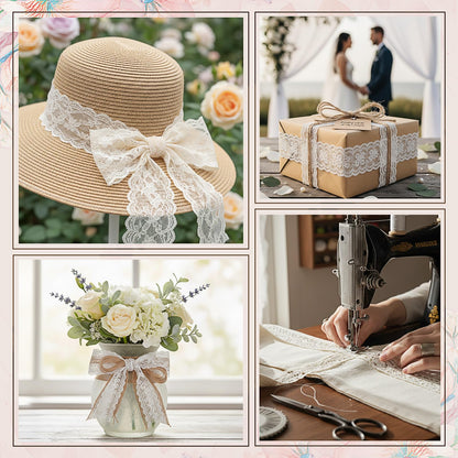 Hoteam 49 Yards White Lace Ribbon 15 Rolls and 328 ft Jute Twine, Craft Ribbon 0.5 to 2.36 Inch Assorted Pattern for Wedding Party Rustic Decoration Gift Wrapping DIY Crafts Home, 3.28 Yards for Each