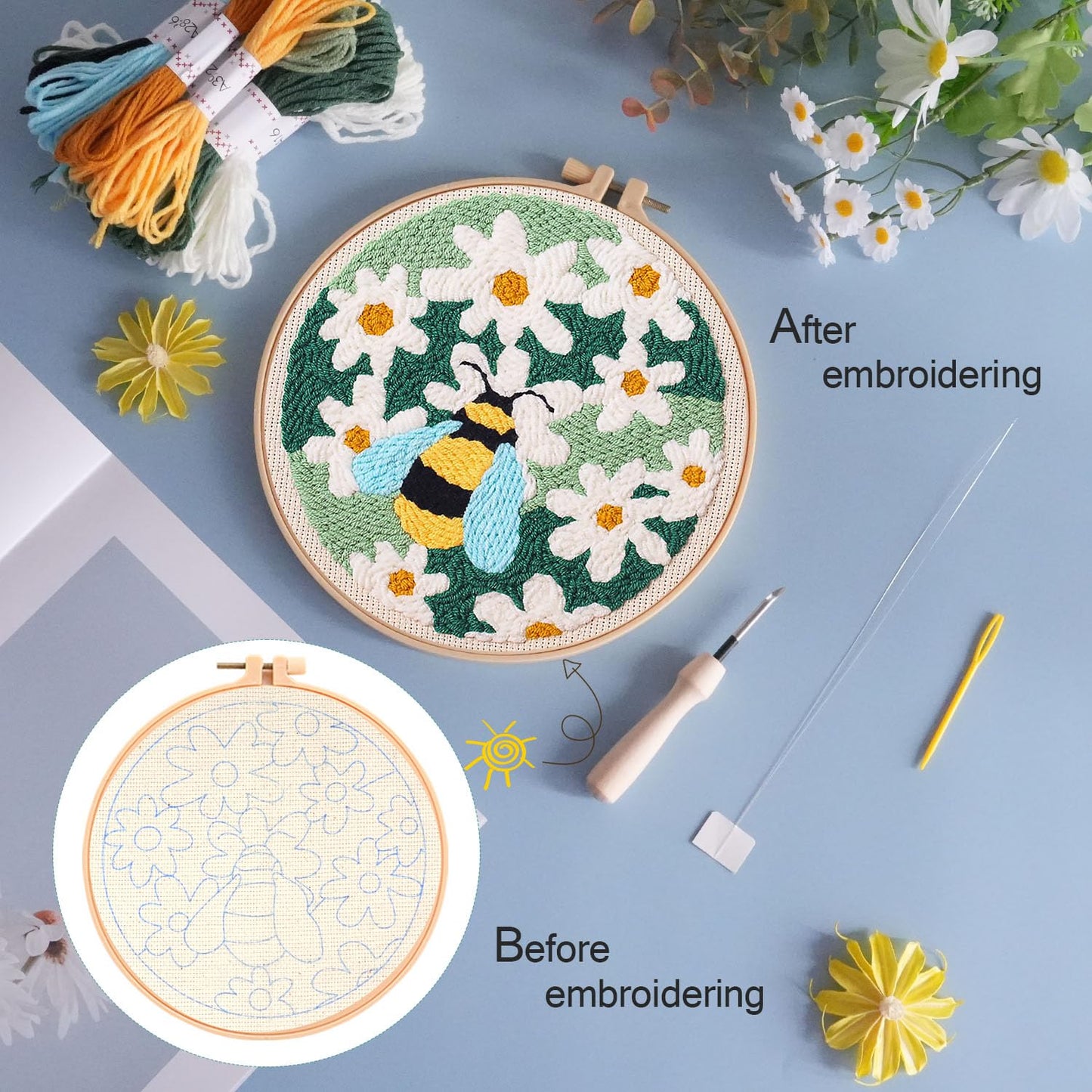 KESTAR Punch Needle Embroidery Starter Kits, Bee and Daisy Flower Punch Needle Kits for Adults Beginner, Needle Punch Kit Tool with Instruction Threader Fabric Yarns and Hoop