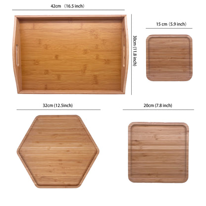 PAFREWOG Bamboo Serving Trays Charcuterie Platter 16.5"x11.8"（42x30cm with Handle, Set Includes 1xHexagon 12.5"(32cm)+1xSquare 7.8"(20cm)+1xSquare 5.9"(15cm) Small Plates for Family Dinner