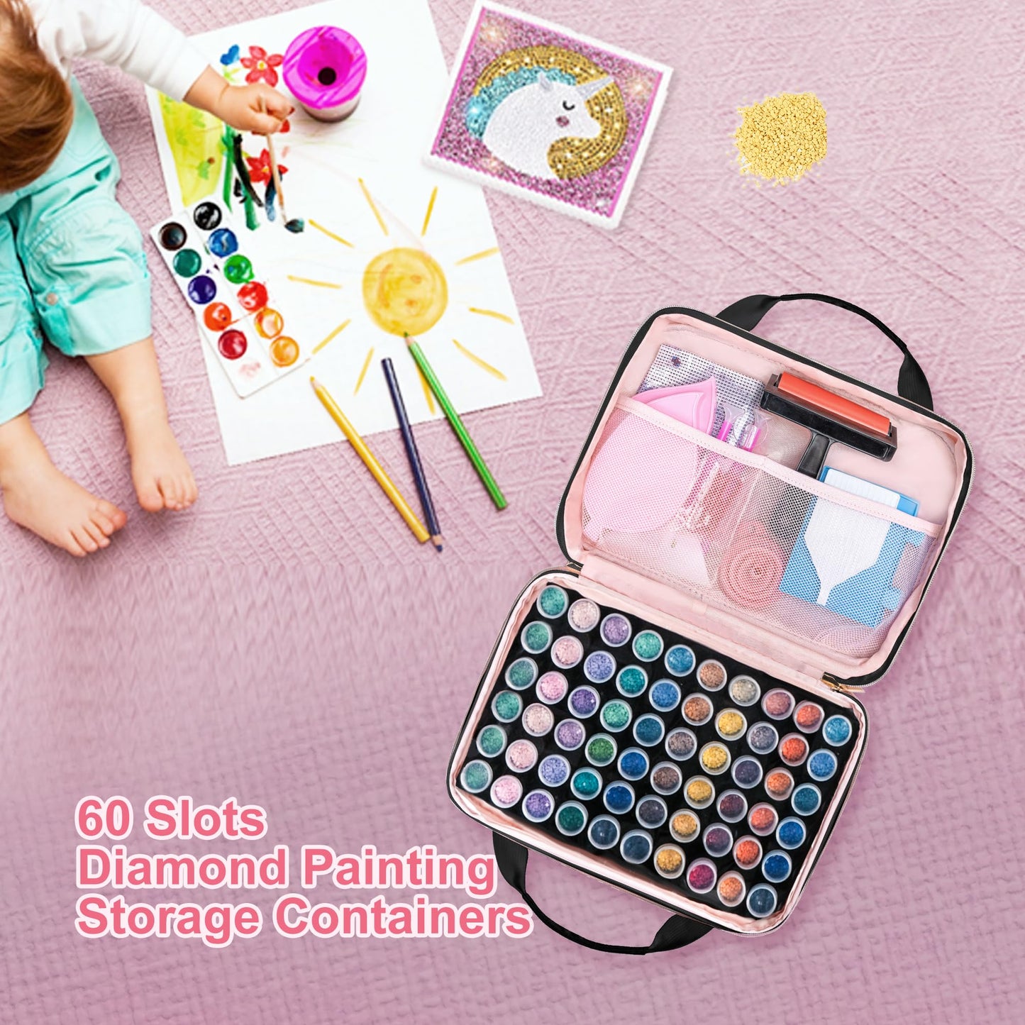 Leudes Diamond Painting Storage Containers, 60 Slots Bead Storage Box for Diamond Art Kits Accessories Organizer Case (Only Bottles and Bag) (Black-2(60 Jars))