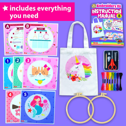 KRAFUN My First Embroidery Kit for Kids & Teens Age 8+, Beginner Hand Stitch Starter Set, 7 Pre-Printed Practice Cloths, DIY Tote Bag, Hoop & Tool Box, Arts & Crafts Gift for Girls
