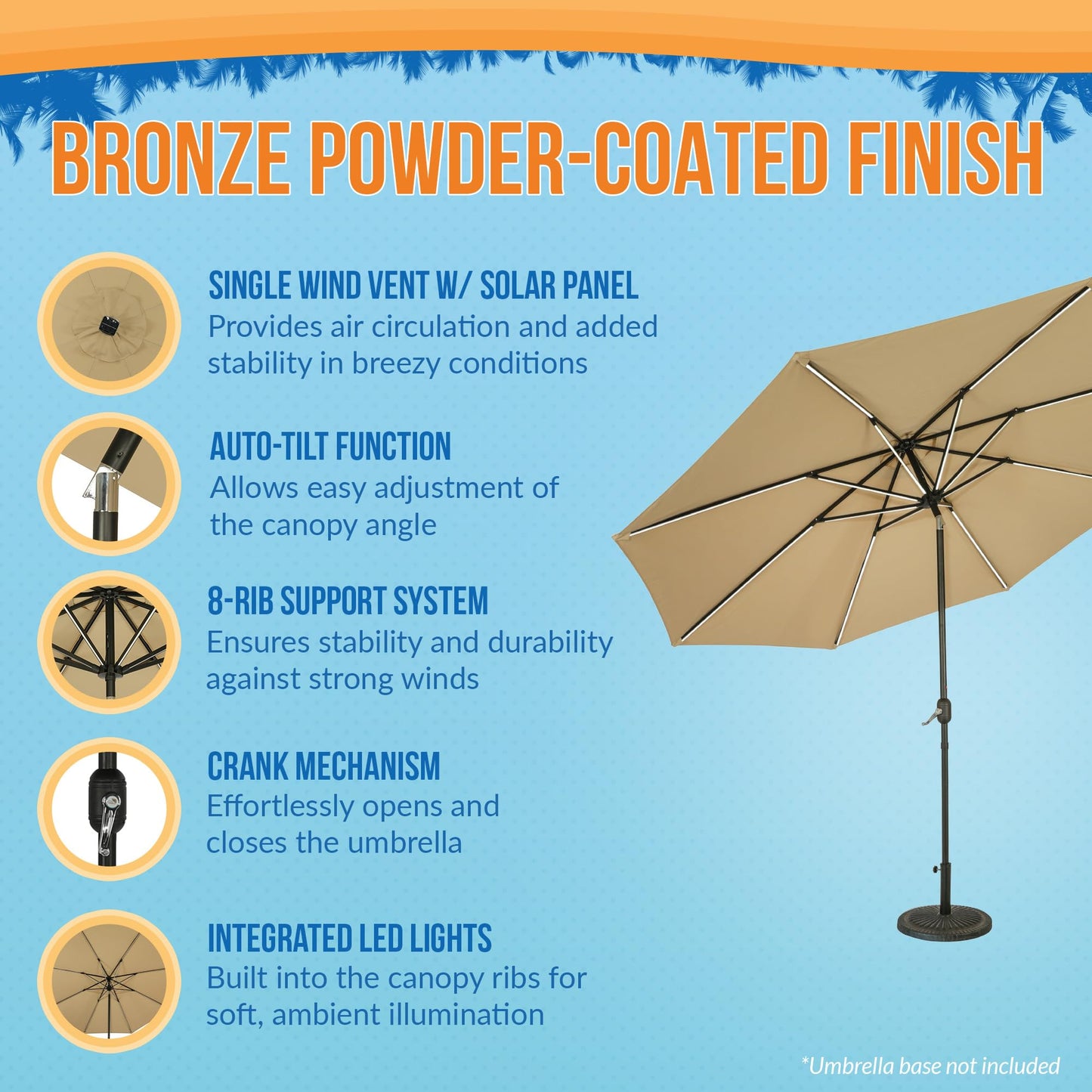 Island Umbrella Calypso 11 ft Octagon Patio Umbrella – With Crank Lift, Push-Button Tilt, Rust-Resistant Aluminum Pole, 8-Rib Frame, Solar LED Lights & Breez-Tex Weather-Resistant Canopy – Champagne