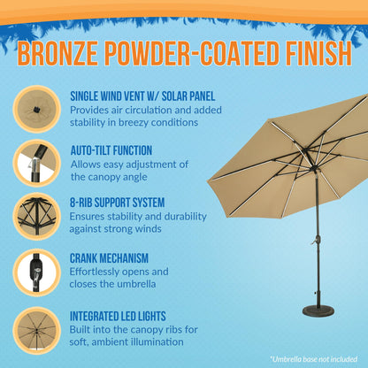 Island Umbrella Calypso 11 ft Octagon Patio Umbrella – With Crank Lift, Push-Button Tilt, Rust-Resistant Aluminum Pole, 8-Rib Frame, Solar LED Lights & Breez-Tex Weather-Resistant Canopy – Champagne