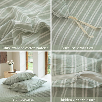 BESTDESIL Sage Green and White Striped Duvet Cover,100% Washed Cotton Breathable and Linen Like Bedding Set(Strip-Sage Green/White,Full)