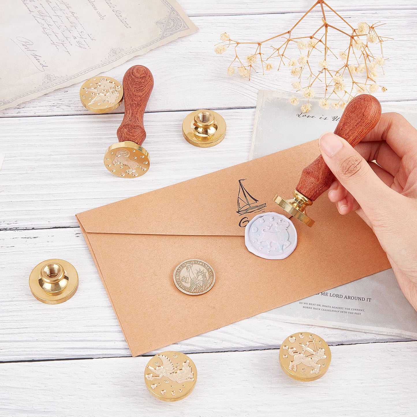 CRASPIRE 12pcs Constellations Wax Seal Stamp Set Tarot Magic Sealing Stamp Heads Kits with 2pcs Wood Handle for Wedding Invitations Envelopes Birthday Gift Cards Scrapbooking